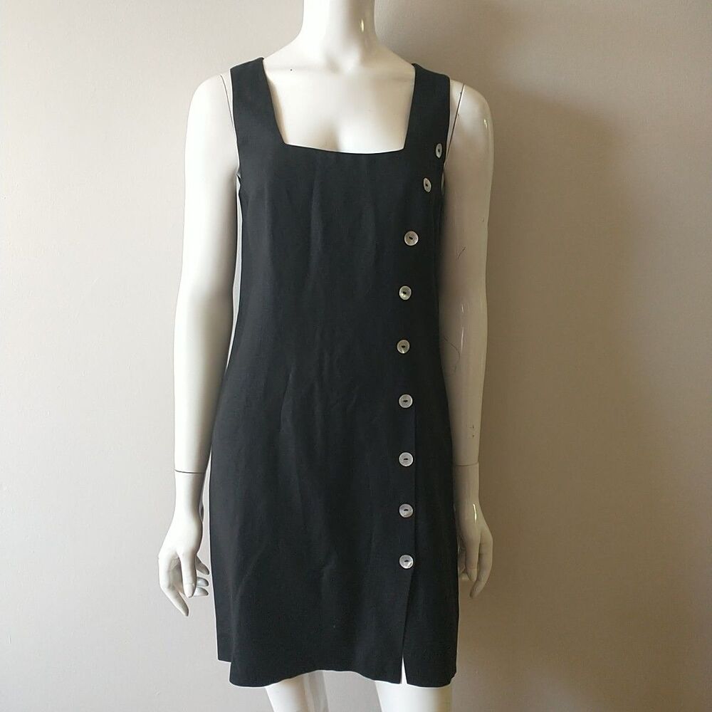 Spiegel Shift Dress 6 Black Linen Blend Sleeveless Back Zip Buttons Career Offic
